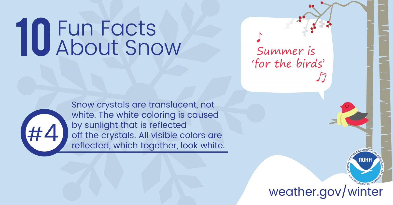 10 Fun Facts About Snow: #4. Snow crystals are translucent, not white. The white coloring is caused by sunlight that is reflected off the crystals. All visible colors are reflected, which together, look white.